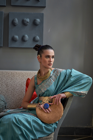 Teal Blue Gala Copper Zari Handloom Weaving Saree_Kumari Sarees