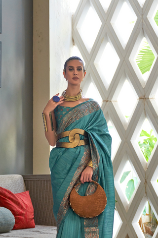 Teal Blue Gala Copper Zari Handloom Weaving Saree_Kumari Sarees