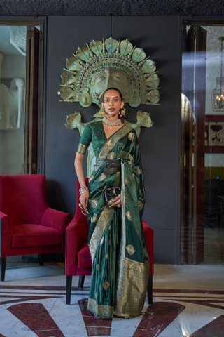 Teal Green Nylon Pure Satin Handloom Weaving Saree_Kumari Sarees