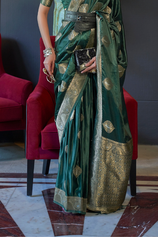 Teal Green Nylon Pure Satin Handloom Weaving Saree_Kumari Sarees