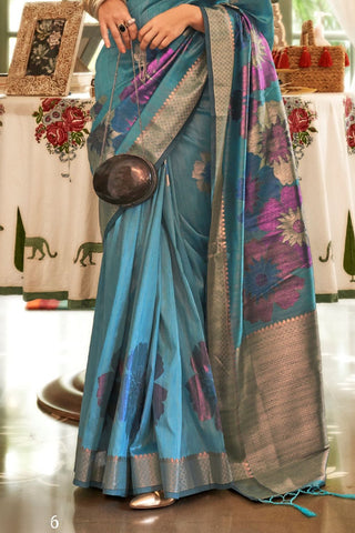 Teal Blue Handloom Weaving Silk Zari Saree_Kumari SArees