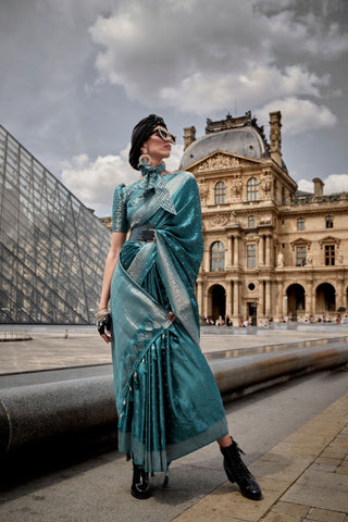 Teal blue Pure Satin Nylon Handloom Weaving Silk Saree_Kumari Sarees