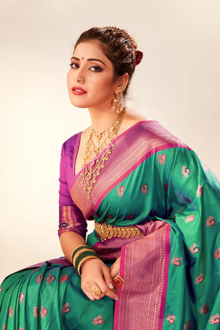 Teal Green Soft Peshwai Paithani Silk Saree_Kumari Sarees
