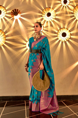 Teal Blue Chaap Handloom Weaving Silk Saree_Kumari Sarees