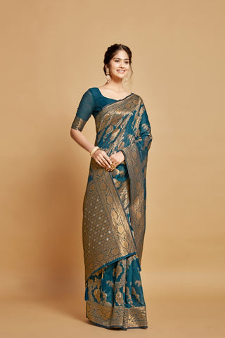 Teal Blue Linen Chanderi Saree_Kumari Sarees