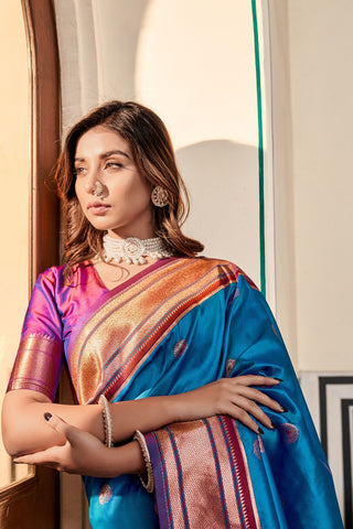 Teal Blue Soft Peshwai Paithani Silk Saree_Kumari Sarees