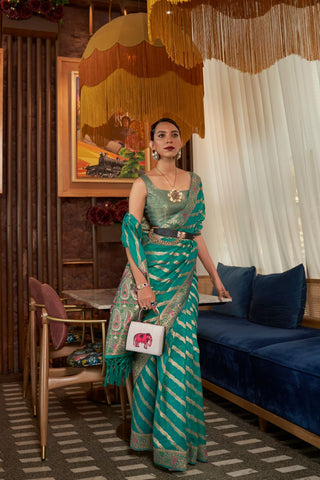 Teal Blue Two - Tone Meenakari Weaving Organza Saree_Kumari Sarees