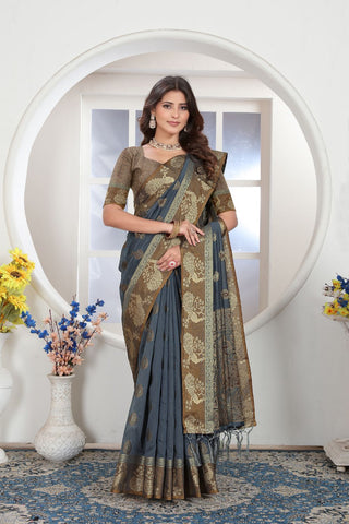 Teal Blue Chanderi Cotton Saree_Kumari Sarees