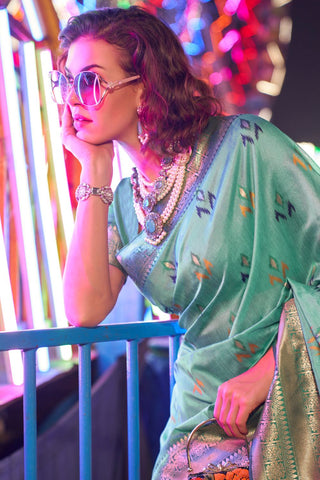 Teal Blue Handloom Weaving Silk Saree_Kumari Sarees