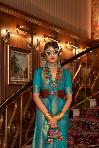 TEAL BLUE NYLON CHINON TWO - TONE WEAVING SAREE