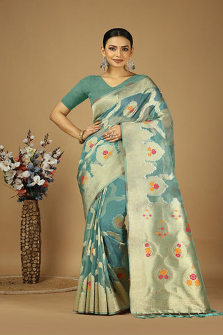 Teal Blue Soft Organza Silk Saree_Kumari Sarees