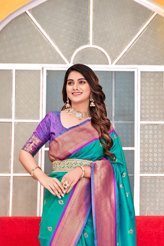 Teal Blue Soft Peshwai Paithani Silk Saree_Kumari Sarees