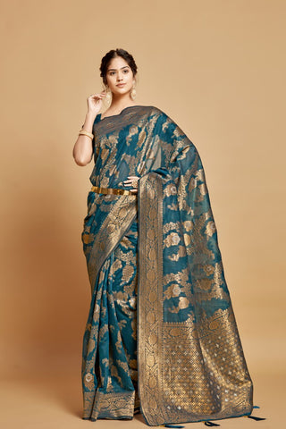Teal Blue Linen Chanderi Saree_Kumari Sarees