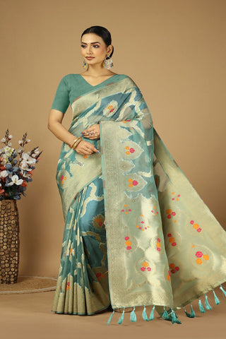 Teal Blue Soft Organza Silk Saree_Kumari Sarees