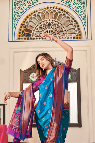Teal Blue Soft Peshwai Paithani Silk Saree_Kumari Sarees