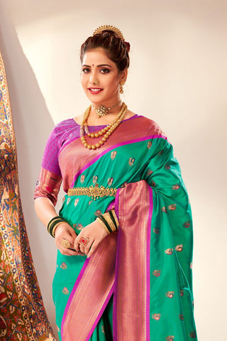Teal Green Soft Peshwai Paithani Silk Saree_Kumari Sarees