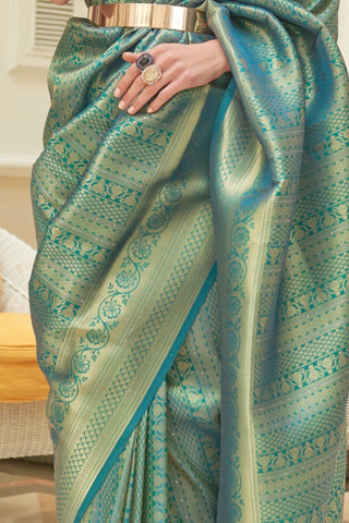 Teal Blue Sequins Handloom Weaving Saree_Kumari Sarees