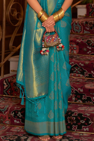 TEAL BLUE NYLON CHINON TWO - TONE WEAVING SAREE