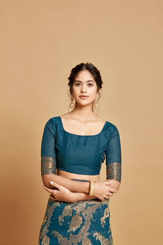Teal Blue Linen Chanderi Saree_Kumari Sarees