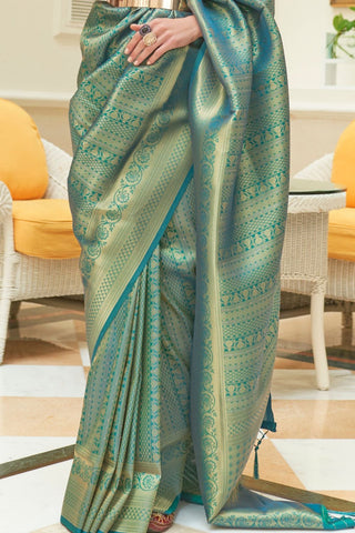Teal Blue Sequins Handloom Weaving Saree_Kumari Sarees
