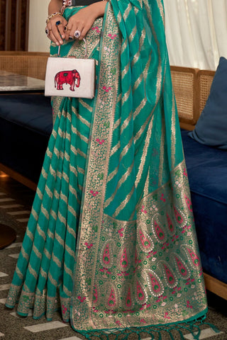 Teal Blue Two - Tone Meenakari Weaving Organza Saree_Kumari Sarees