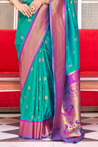 Teal Blue Soft Peshwai Paithani Silk Saree_Kumari Sarees