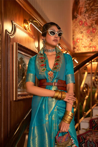 TEAL BLUE NYLON CHINON TWO - TONE WEAVING SAREE