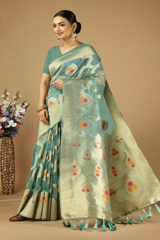 Teal Blue Soft Organza Silk Saree_Kumari Sarees