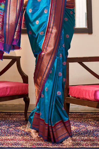 Teal Blue Soft Peshwai Paithani Silk Saree_Kumari Sarees