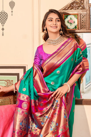 Teal Blue Soft Peshwai Paithani Silk Saree_Kumari Sarees