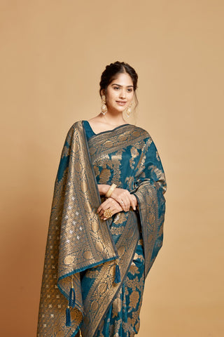 Teal Blue Linen Chanderi Saree_Kumari Sarees