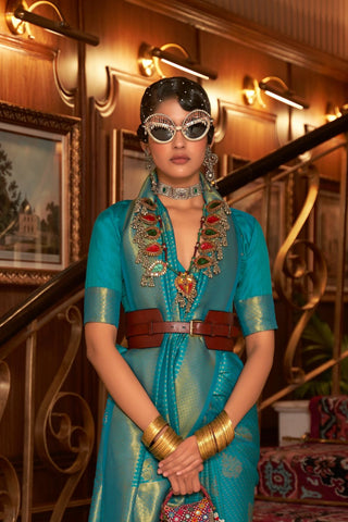 TEAL BLUE NYLON CHINON TWO - TONE WEAVING SAREE