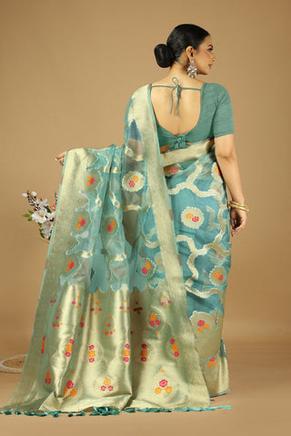 Teal Blue Soft Organza Silk Saree_Kumari Sarees