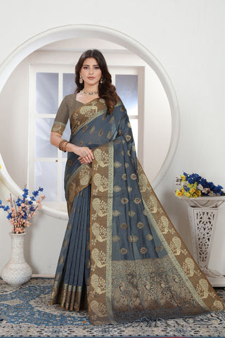 Teal Blue Chanderi Cotton Saree_Kumari Sarees