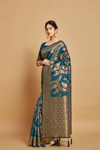 Teal Blue Linen Chanderi Saree_Kumari Sarees