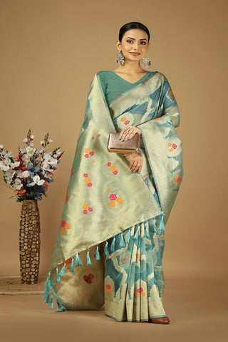 Teal Blue Soft Organza Silk Saree_Kumari Sarees