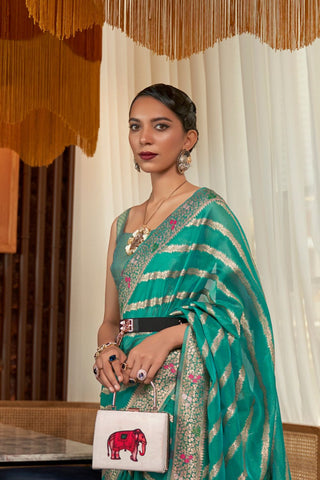 Teal Blue Two - Tone Meenakari Weaving Organza Saree_Kumari Sarees