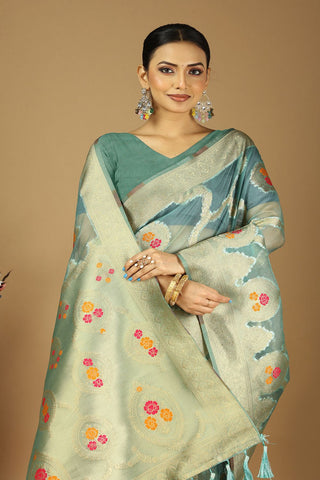 Teal Blue Soft Organza Silk Saree_Kumari Sarees