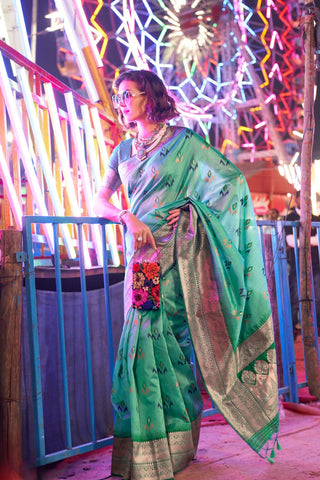 Teal Blue Handloom Weaving Silk Saree_Kumari Sarees