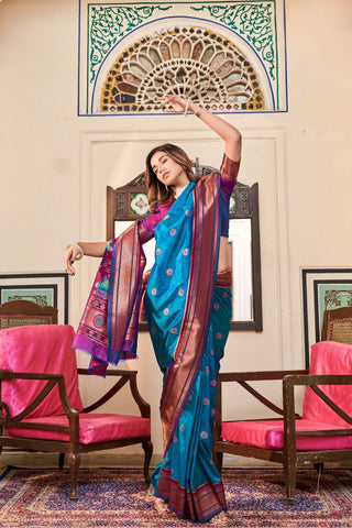 Teal Blue Soft Peshwai Paithani Silk Saree_Kumari Sarees