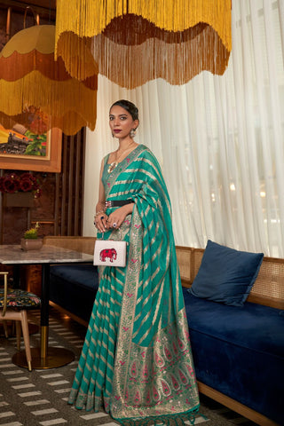 Teal Blue Two - Tone Meenakari Weaving Organza Saree_Kumari Sarees