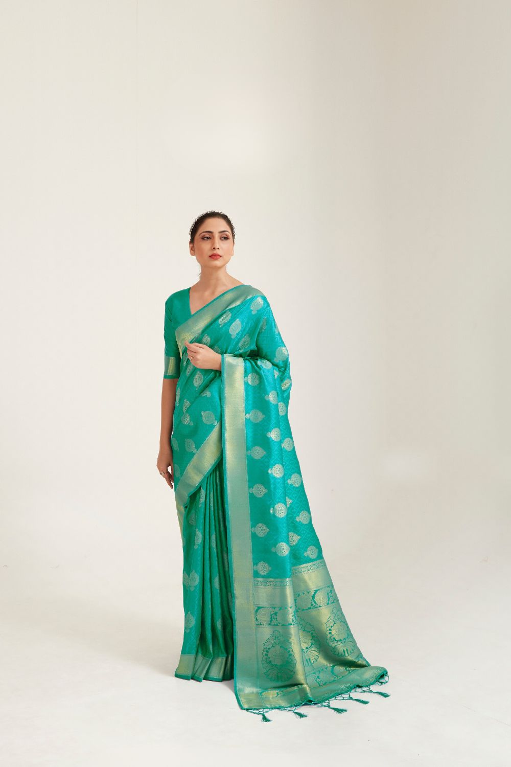Teal Blue Kanjeevaram Oxidised Copper Zari Silk Saree