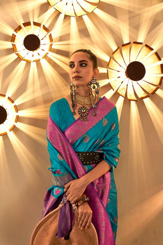 Teal Blue Chaap Handloom Weaving Silk Saree_Kumari Sarees