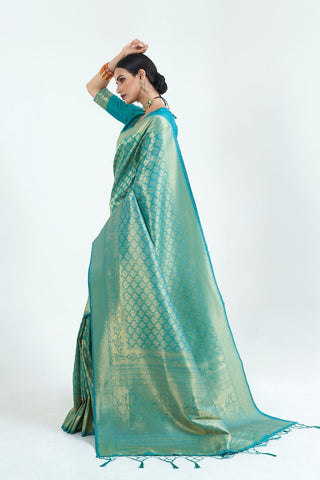 TEAL BLUE KANJEEVARAM HANDLOOM SILK SAREE