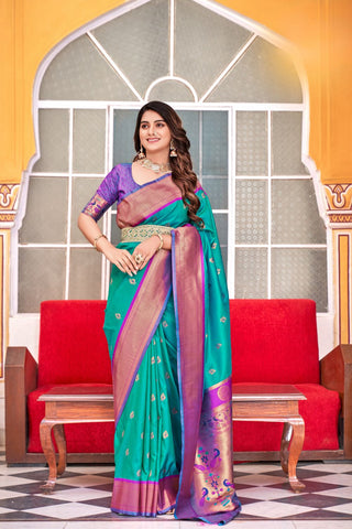 Teal Blue Soft Peshwai Paithani Silk Saree_Kumari Sarees