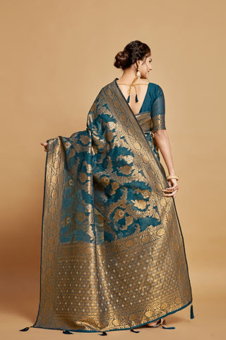 Teal Blue Linen Chanderi Saree_Kumari Sarees