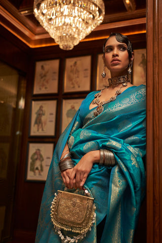 Teal Blue Handloom Weaving Silk Saree_Kumari Sarees
