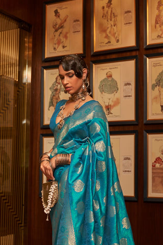 Teal Blue Handloom Weaving Silk Saree_Kumari Sarees