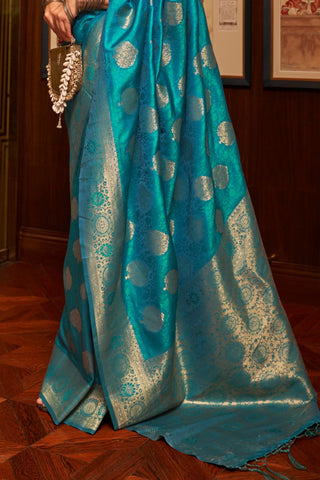 Teal Blue Handloom Weaving Silk Saree_Kumari Sarees