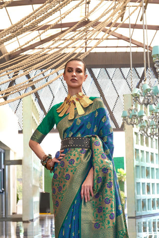 Teal Blue & Green Self Contrast Chaap Handloom Weaving Saree_Kumari Sarees